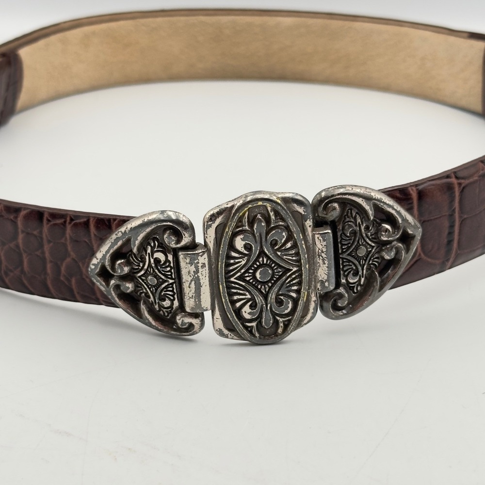 Lake Shore Drive Brown Crocodile Embossed Leather Belt Silver Filigree Buckle M